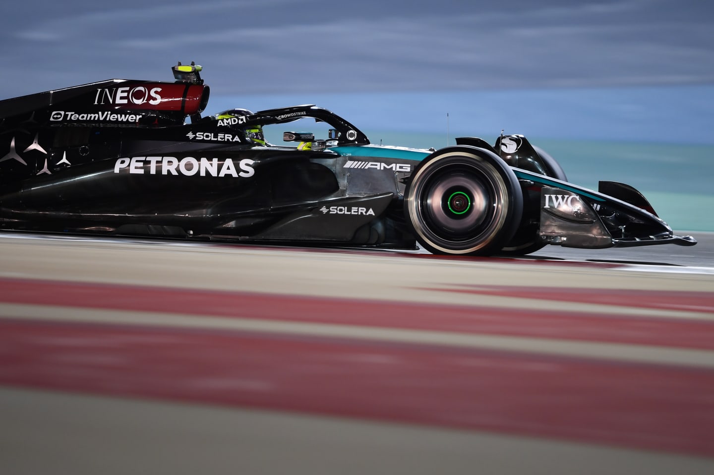BAHRAIN, BAHRAIN - MARCH 02: Lewis Hamilton of Great Britain driving the (44) Mercedes AMG Petronas F1 Team W15 on track during the F1 Grand Prix of Bahrain at Bahrain International Circuit on March 02, 2024 in Bahrain, Bahrain. (Photo by Rudy Carezzevoli/Getty Images)