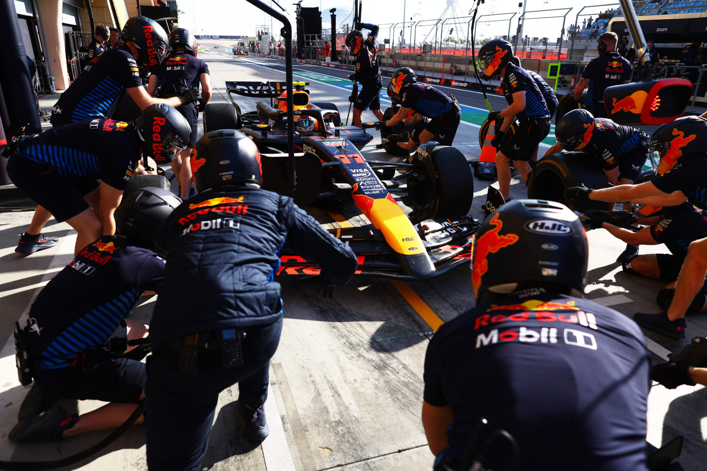 BAHRAIN, BAHRAIN - FEBRUARY 29: Sergio Perez of Mexico driving the (11) Oracle Red Bull Racing RB20 makes a pitstop during practice ahead of the F1 Grand Prix of Bahrain at Bahrain International Circuit on February 29, 2024 in Bahrain, Bahrain. (Photo by Mark Thompson/Getty Images)