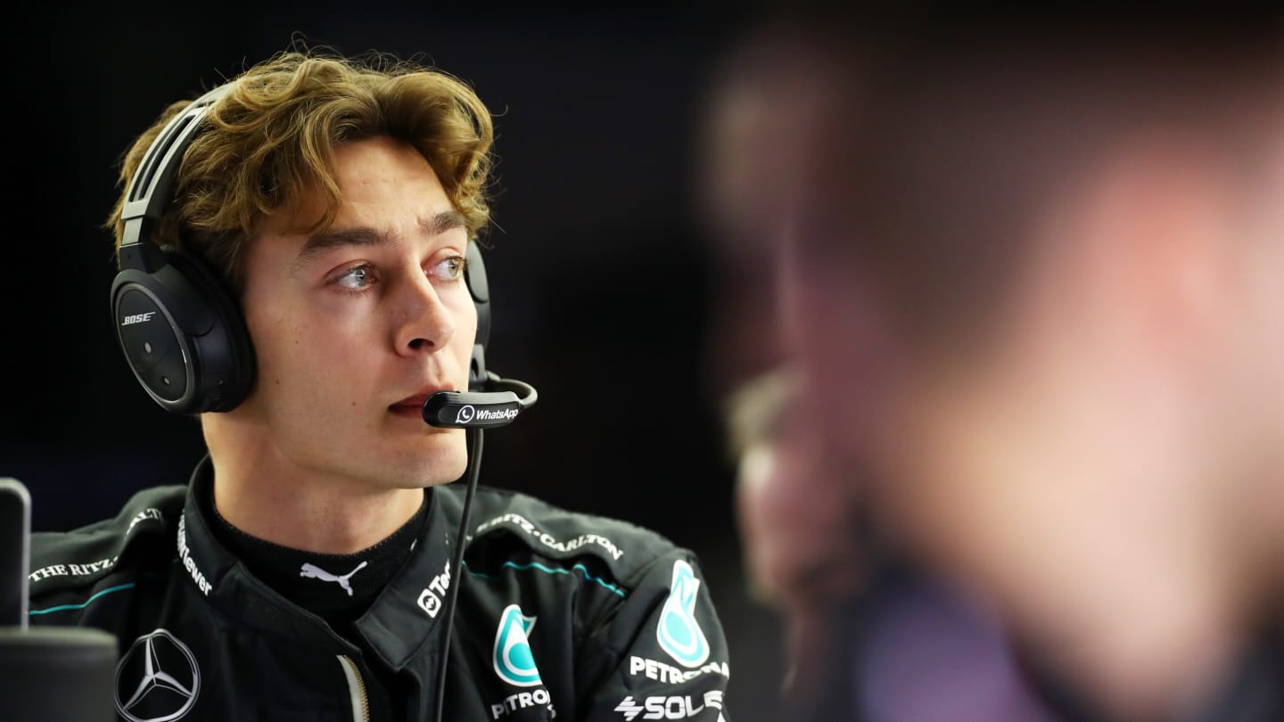 BAHRAIN, BAHRAIN - FEBRUARY 29: George Russell of Great Britain and Mercedes looks on in the garage during practice ahead of the F1 Grand Prix of Bahrain at Bahrain International Circuit on February 29, 2024 in Bahrain, Bahrain. (Photo by Peter Fox - Formula 1/Formula 1 via Getty Images)
