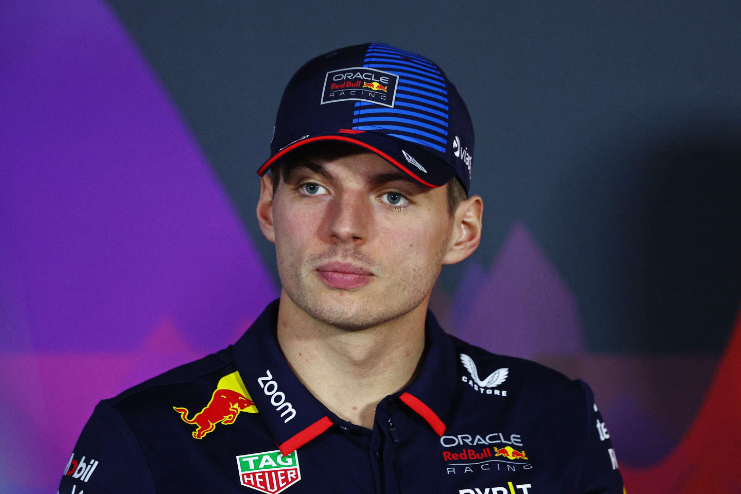 BAHRAIN, BAHRAIN - FEBRUARY 28: Max Verstappen of the Netherlands and Oracle Red Bull Racing attends the Drivers Press Conference during previews ahead of the F1 Grand Prix of Bahrain at Bahrain International Circuit on February 28, 2024 in Bahrain, Bahrain. (Photo by Clive Rose/Getty Images)
