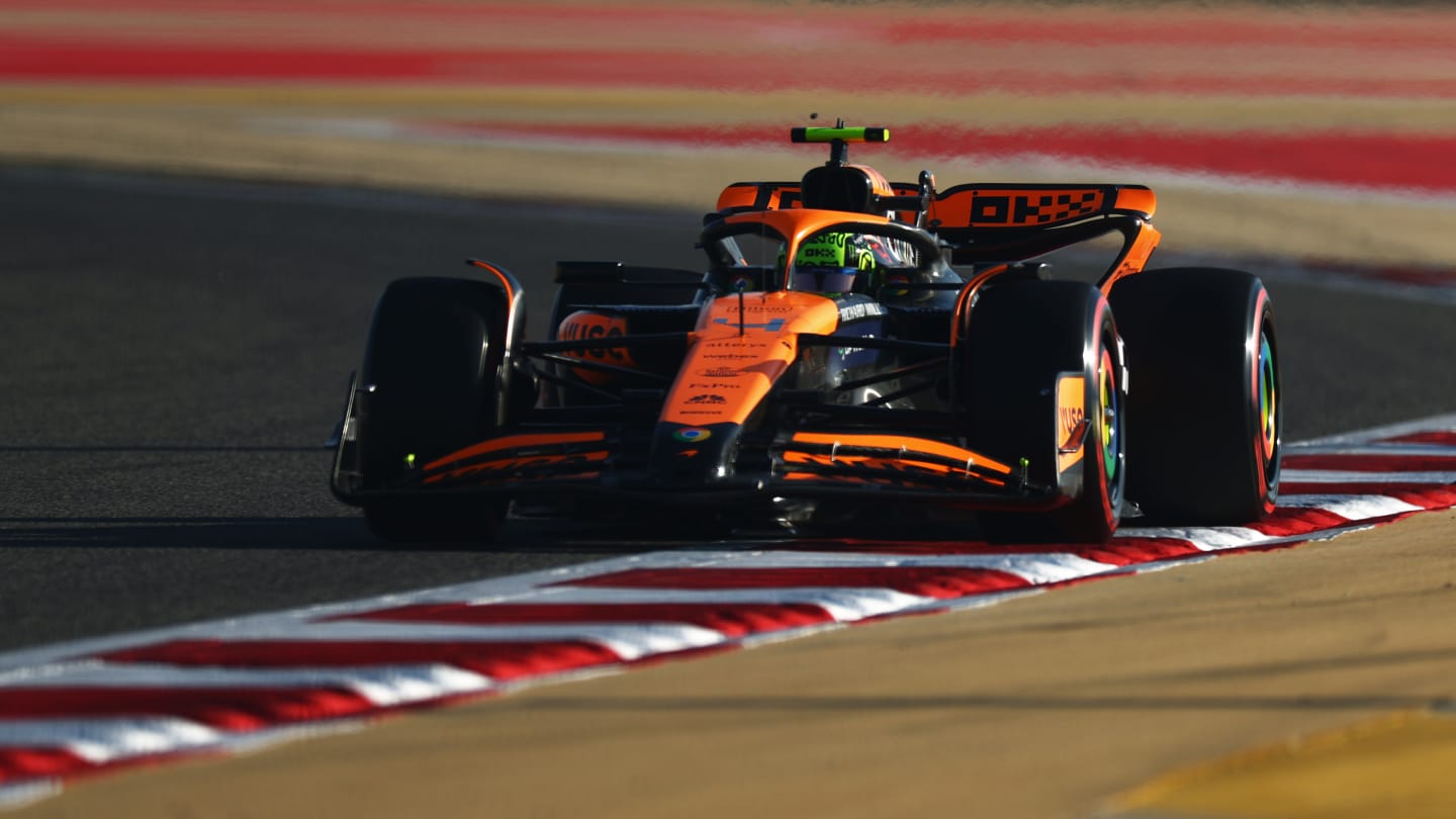 BAHRAIN, BAHRAIN - MARCH 01: Lando Norris of Great Britain driving the (4) McLaren MCL38 Mercedes on track during final practice ahead of the F1 Grand Prix of Bahrain at Bahrain International Circuit on March 01, 2024 in Bahrain, Bahrain. (Photo by Bryn Lennon - Formula 1/Formula 1 via Getty Images)
