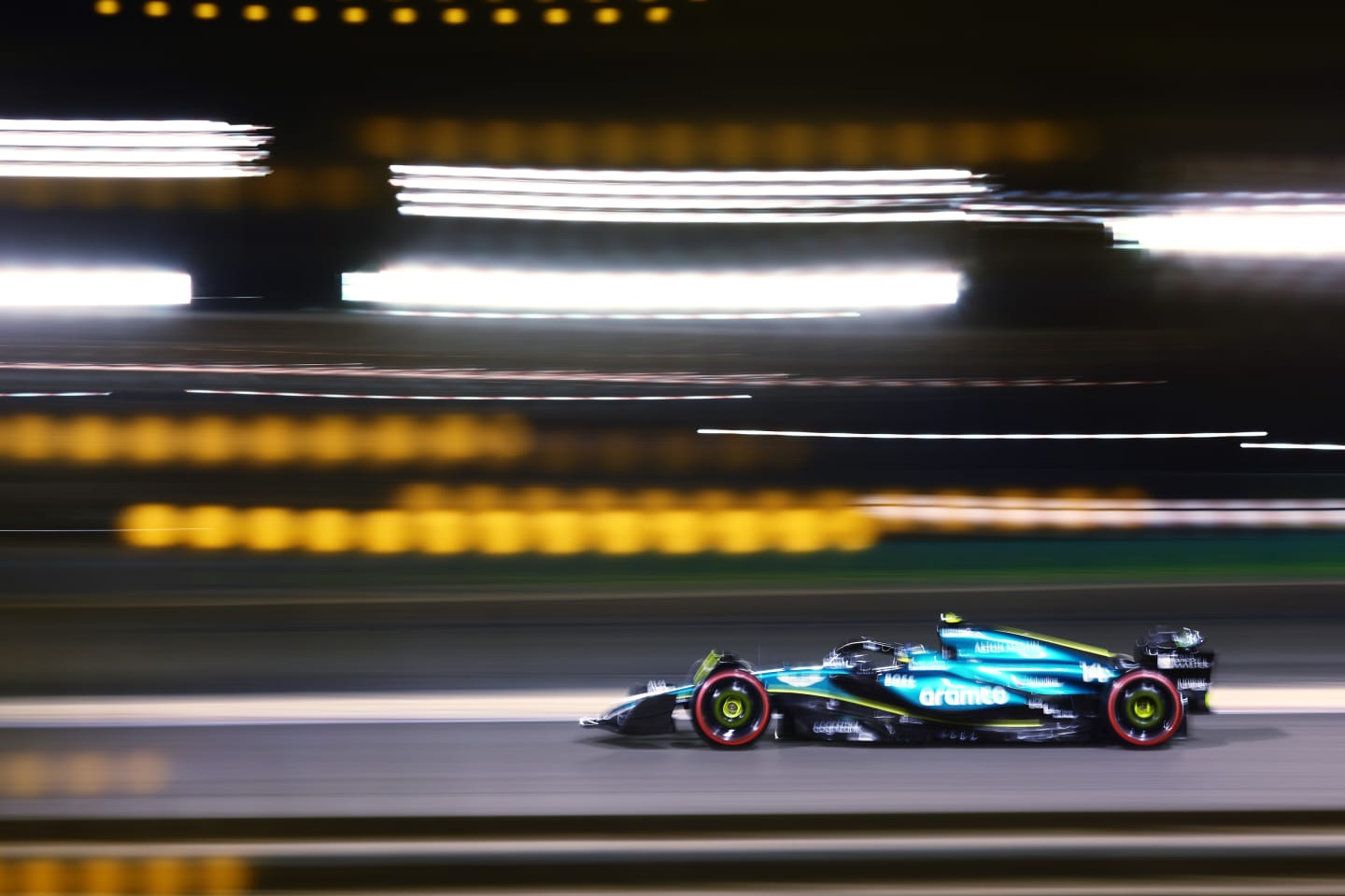 BAHRAIN, BAHRAIN - MARCH 01: Fernando Alonso of Spain driving the (14) Aston Martin AMR24 Mercedes on track during qualifying ahead of the F1 Grand Prix of Bahrain at Bahrain International Circuit on March 01, 2024 in Bahrain, Bahrain. (Photo by Clive Rose/Getty Images)