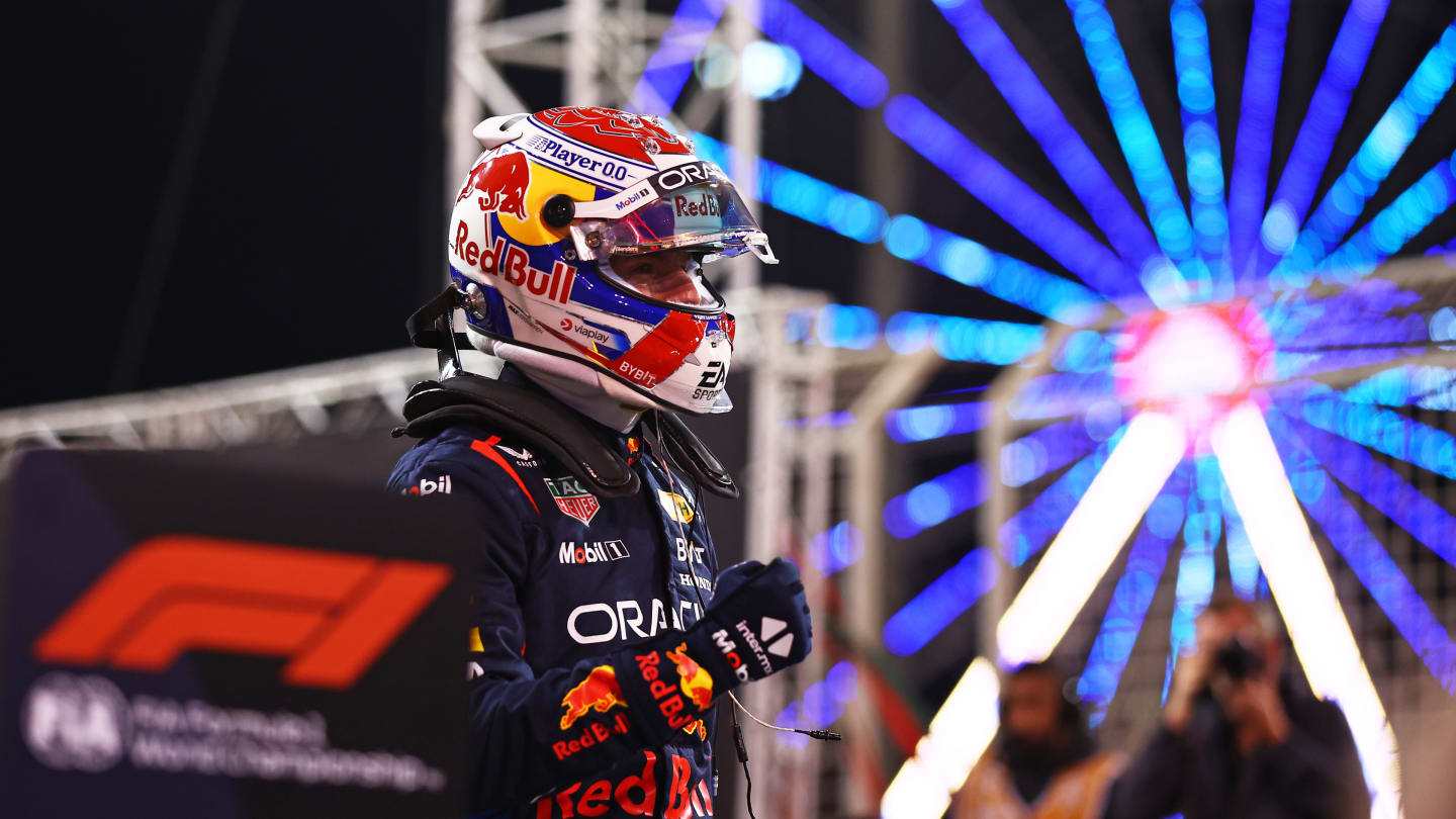 BAHRAIN, BAHRAIN - MARCH 01: Pole position qualifier Max Verstappen of the Netherlands and Oracle Red Bull Racing celebrates in parc ferme during qualifying ahead of the F1 Grand Prix of Bahrain at Bahrain International Circuit on March 01, 2024 in Bahrain, Bahrain. (Photo by Bryn Lennon - Formula 1/Formula 1 via Getty Images)