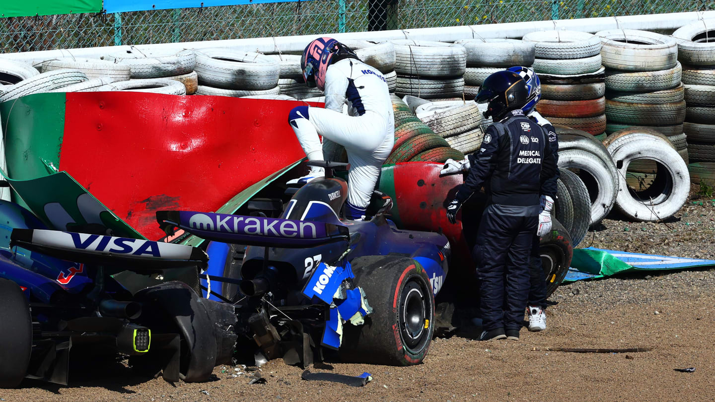 SUZUKA, JAPAN - APRIL 07: Alexander Albon of Thailand and Williams climbs out of his car after crashing during the F1 Grand Prix of Japan at Suzuka International Racing Course on April 07, 2024 in Suzuka, Japan. (Photo by Clive Rose - Formula 1/Formula 1 via Getty Images)