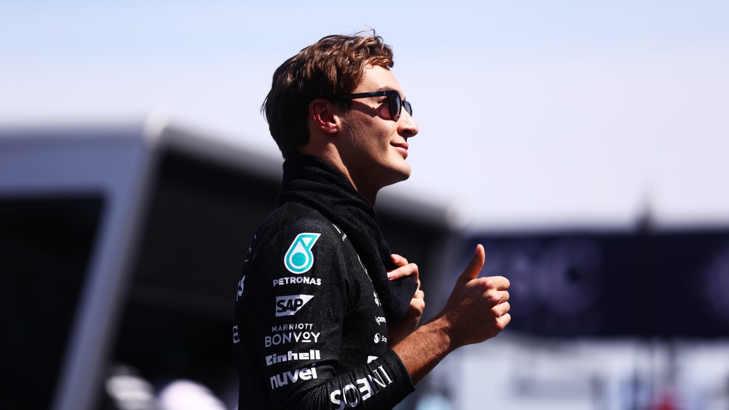 SUZUKA, JAPAN - APRIL 07: George Russell of Great Britain and Mercedes reacts on the grid prior to the F1 Grand Prix of Japan at Suzuka International Racing Course on April 07, 2024 in Suzuka, Japan. (Photo by Bryn Lennon - Formula 1/Formula 1 via Getty Images)