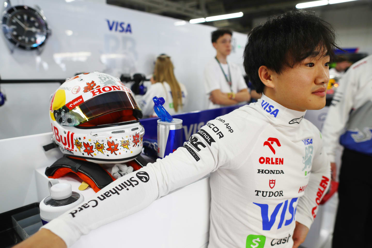 SUZUKA, JAPAN - APRIL 06: Yuki Tsunoda of Japan and Visa Cash App RB looks on in the garage during qualifying ahead of the F1 Grand Prix of Japan at Suzuka International Racing Course on April 06, 2024 in Suzuka, Japan. (Photo by Peter Fox/Getty Images)