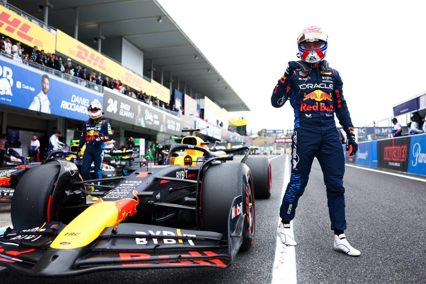 SUZUKA, JAPAN - APRIL 06: Pole position qualifier Max Verstappen of the Netherlands and Oracle Red Bull Racing celebrates in parc ferme during qualifying ahead of the F1 Grand Prix of Japan at Suzuka International Racing Course on April 06, 2024 in Suzuka, Japan. (Photo by Mark Thompson/Getty Images)