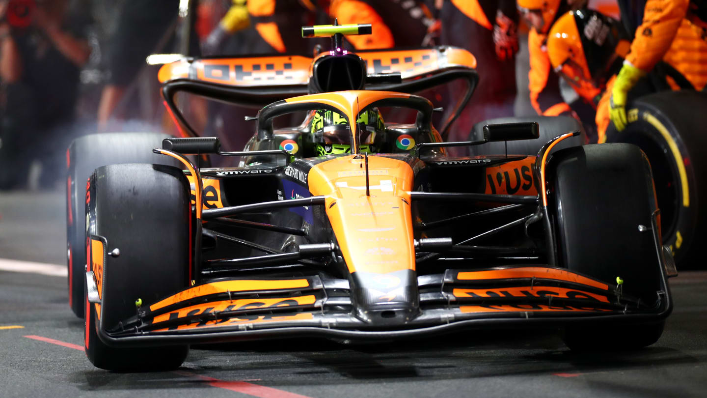 JEDDAH, SAUDI ARABIA - MARCH 09: Lando Norris of Great Britain driving the (4) McLaren MCL38 Mercedes makes a pitstop during the F1 Grand Prix of Saudi Arabia at Jeddah Corniche Circuit on March 09, 2024 in Jeddah, Saudi Arabia. (Photo by Peter Fox - Formula 1/Formula 1 via Getty Images)