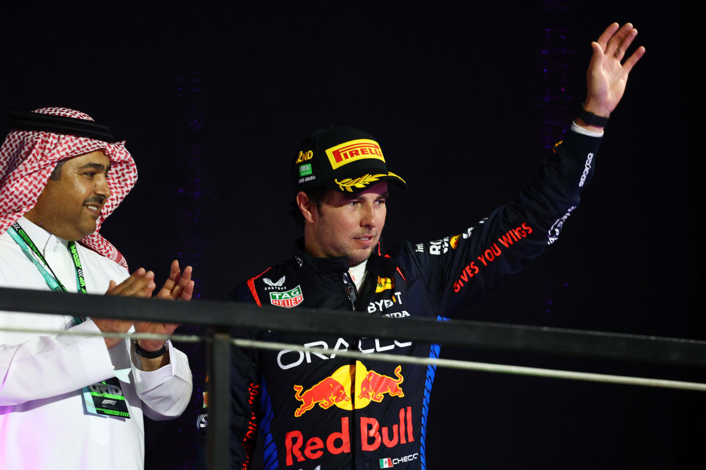 JEDDAH, SAUDI ARABIA - MARCH 09: Second placed Sergio Perez of Mexico and Oracle Red Bull Racing