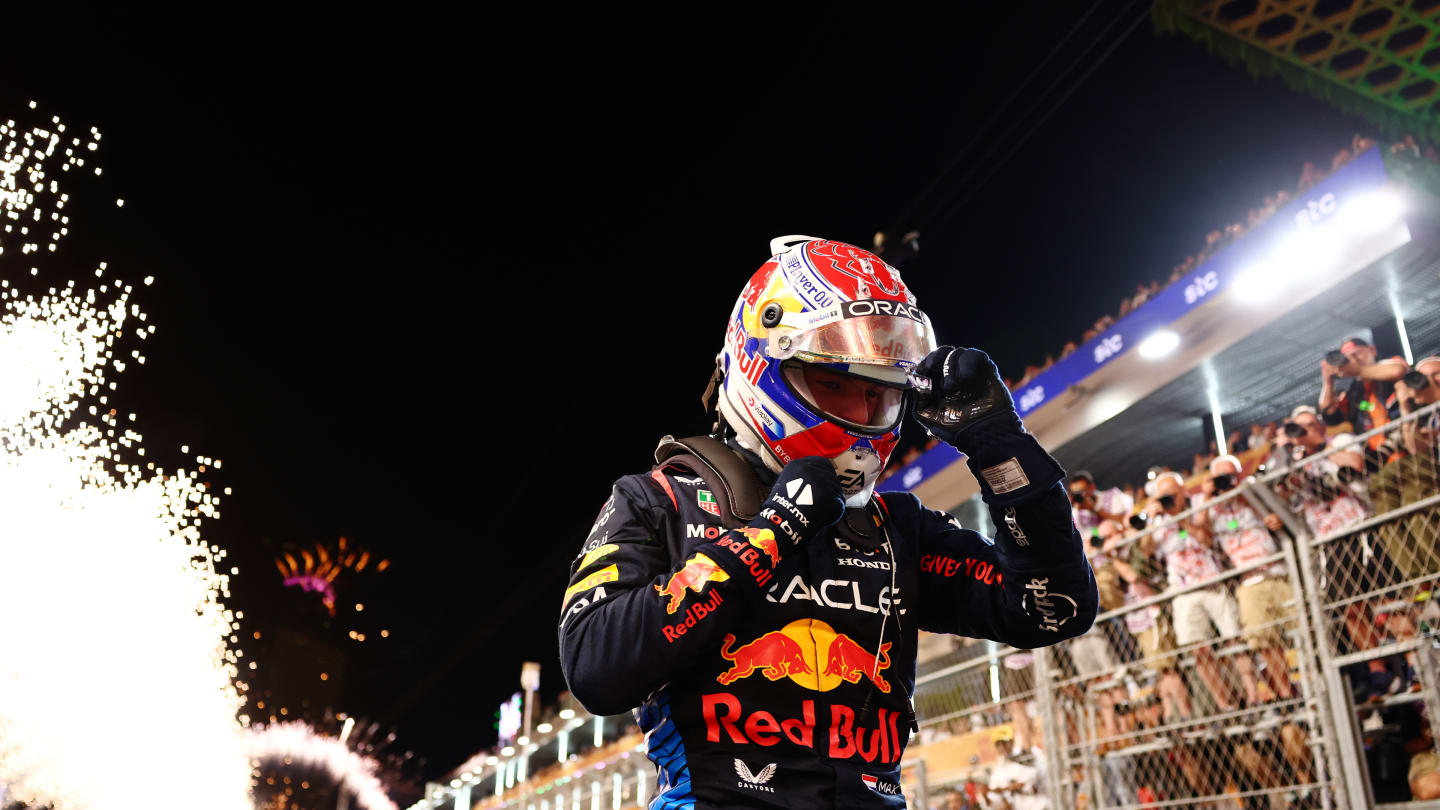 JEDDAH, SAUDI ARABIA - MARCH 09: Race winner Max Verstappen of the Netherlands and Oracle Red Bull Racing celebrates in parc ferme during the F1 Grand Prix of Saudi Arabia at Jeddah Corniche Circuit on March 09, 2024 in Jeddah, Saudi Arabia. (Photo by Bryn Lennon - Formula 1/Formula 1 via Getty Images)