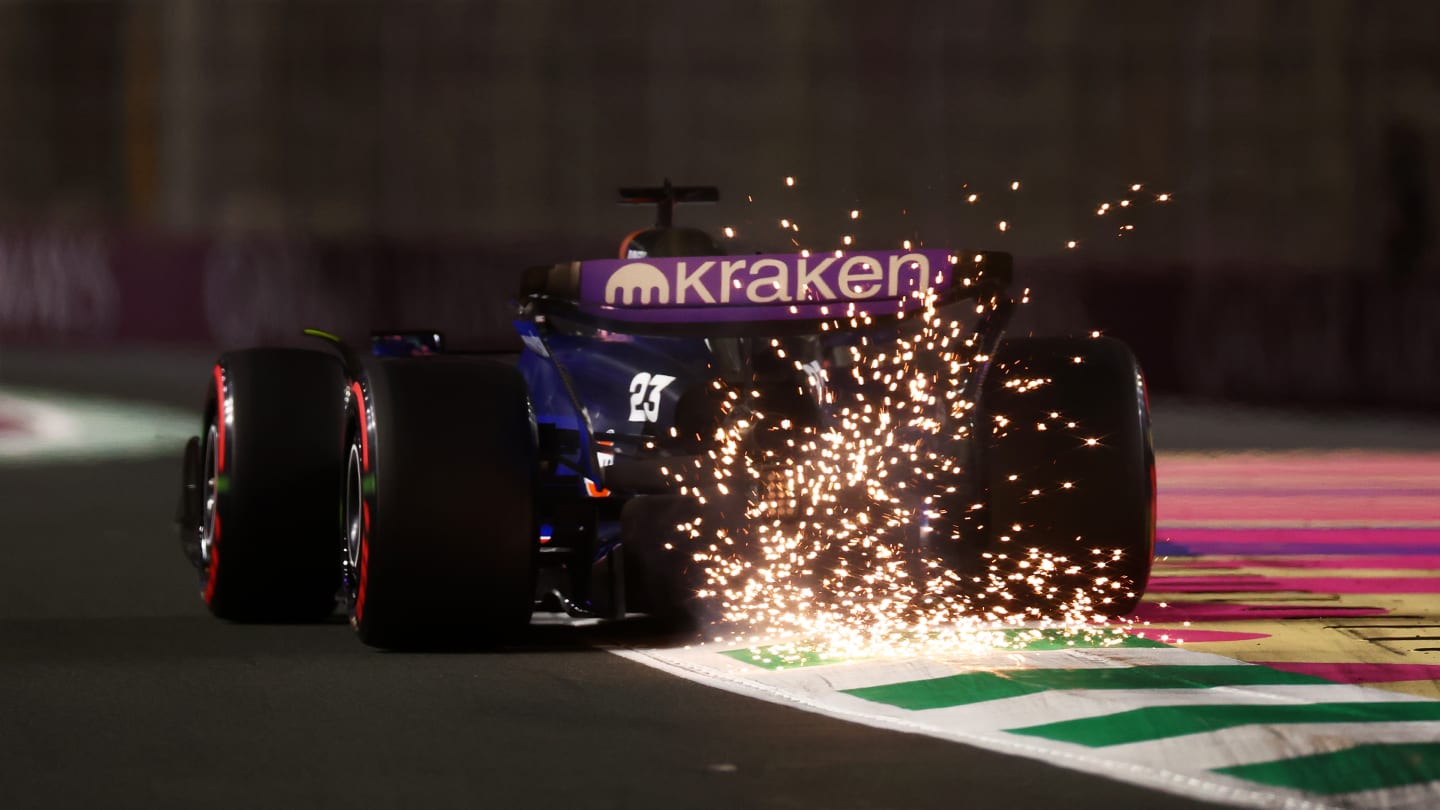 JEDDAH, SAUDI ARABIA - MARCH 07: Sparks fly from the car of Alexander Albon of Thailand driving the (23) Williams FW46 Mercedes during practice ahead of the F1 Grand Prix of Saudi Arabia at Jeddah Corniche Circuit on March 07, 2024 in Jeddah, Saudi Arabia. (Photo by Bryn Lennon - Formula 1/Formula 1 via Getty Images)