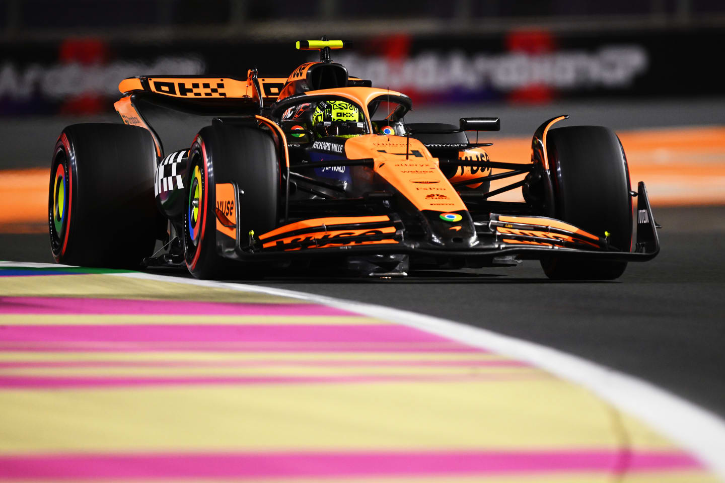 JEDDAH, SAUDI ARABIA - MARCH 08: Lando Norris of Great Britain driving the (4) McLaren MCL38 Mercedes on track during qualifying ahead of the F1 Grand Prix of Saudi Arabia at Jeddah Corniche Circuit on March 08, 2024 in Jeddah, Saudi Arabia. (Photo by Clive Mason/Getty Images)