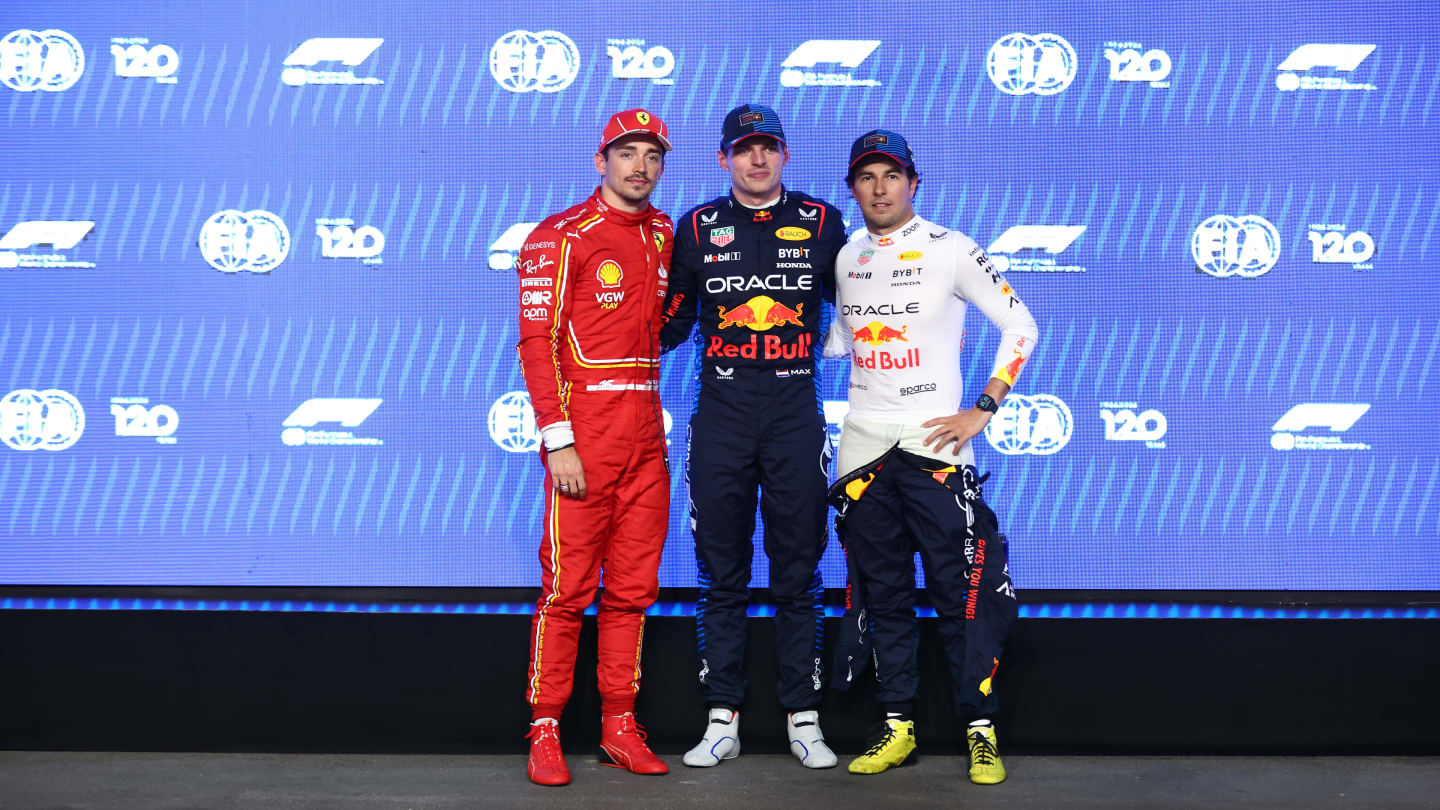 JEDDAH, SAUDI ARABIA - MARCH 08: Pole position qualifier qualifier Max Verstappen of the Netherlands and Oracle Red Bull Racing, Second placed qualifier Charles Leclerc of Monaco and Ferrari and Third placed qualifier Sergio Perez of Mexico and Oracle Red Bull Racing pose for a photo in parc ferme during qualifying ahead of the F1 Grand Prix of Saudi Arabia at Jeddah Corniche Circuit on March 08, 2024 in Jeddah, Saudi Arabia. (Photo by Bryn Lennon - Formula 1/Formula 1 via Getty Images)