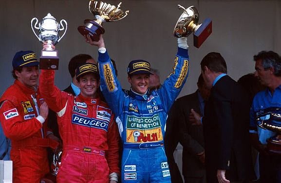 L to R: Gerhard Berger 3rd, Martin Brundle 2nd and winner Michael Schumacher Monaco GP, 15 May 1994