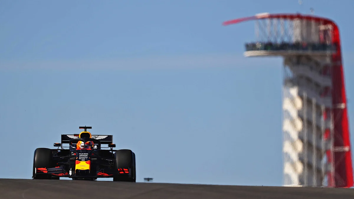 Aston Martin Formula 1 car on track at Circuit of the Americas
