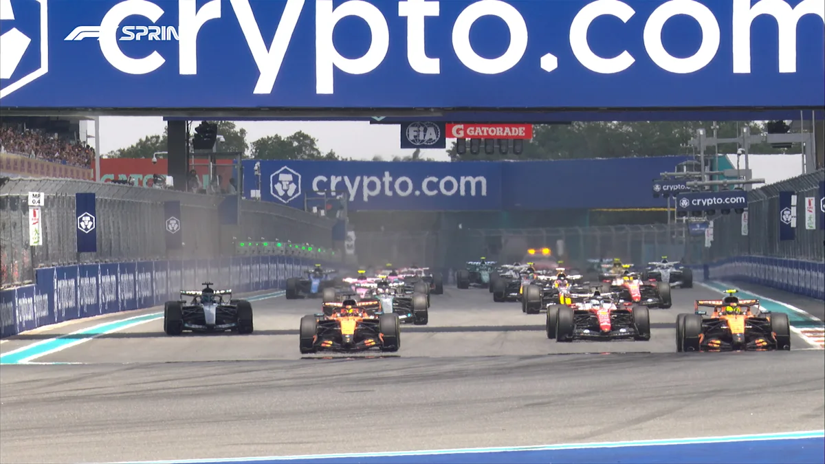 McLaren and Mercedes and Red Bull Formula 1 cars on track at Miami International Autodrome