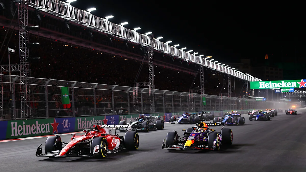 Ferrari and Red Bull Formula 1 cars on track at Las Vegas Strip Circuit