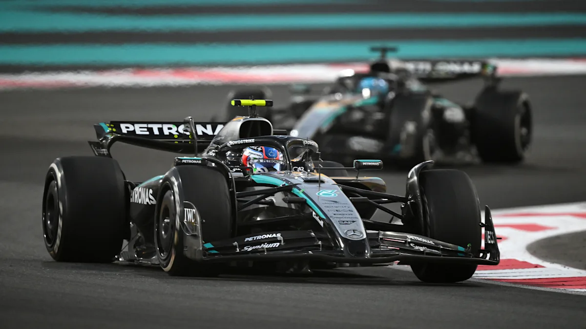 Andrea Kimi Antonelli leads George Russell in two Mercedes cars at Yas Marina Circuit during the 2025 Abu Dhabi Grand Prix.