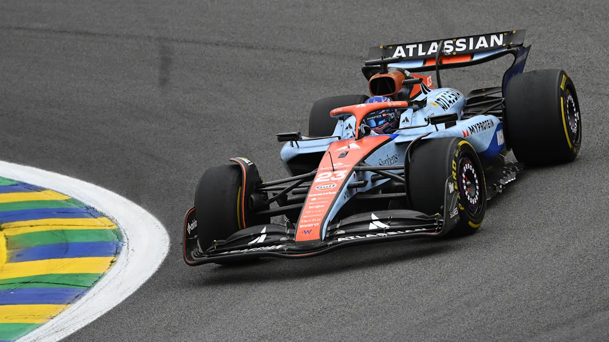 Alex Albon drives the Williams FW47 alone on track at Interlagos during the 2025 Sao Paulo Grand Prix.
