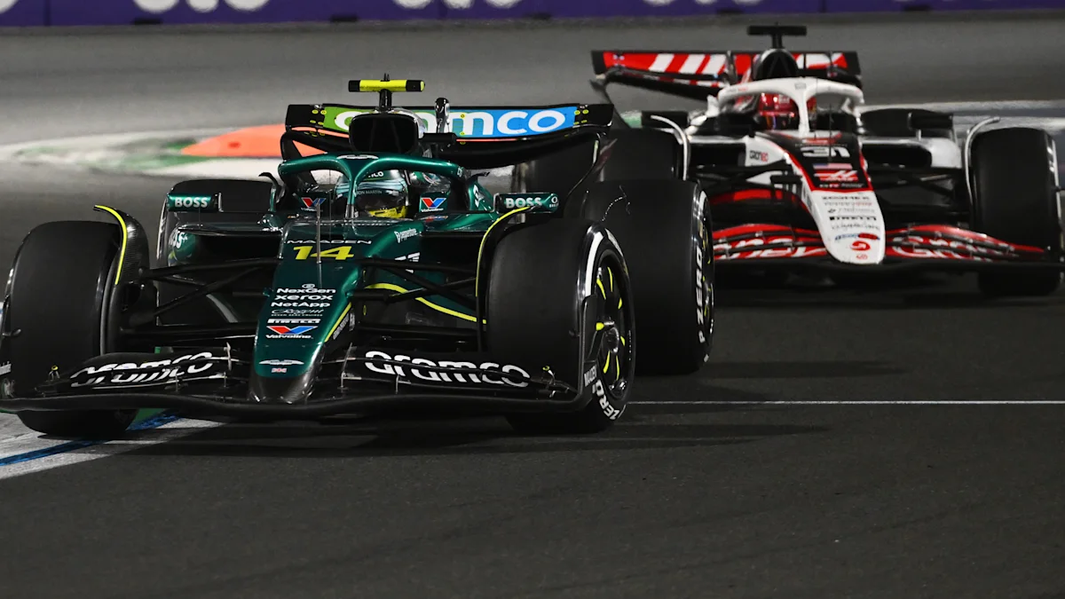 Aston Martin Formula 1 car on track at Jeddah Corniche Circuit