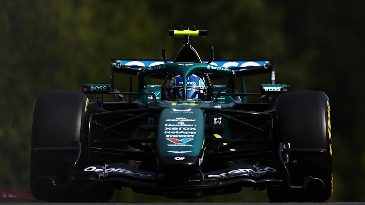 Aston Martin Formula 1 car on track at Circuit de Spa-Francorchamps