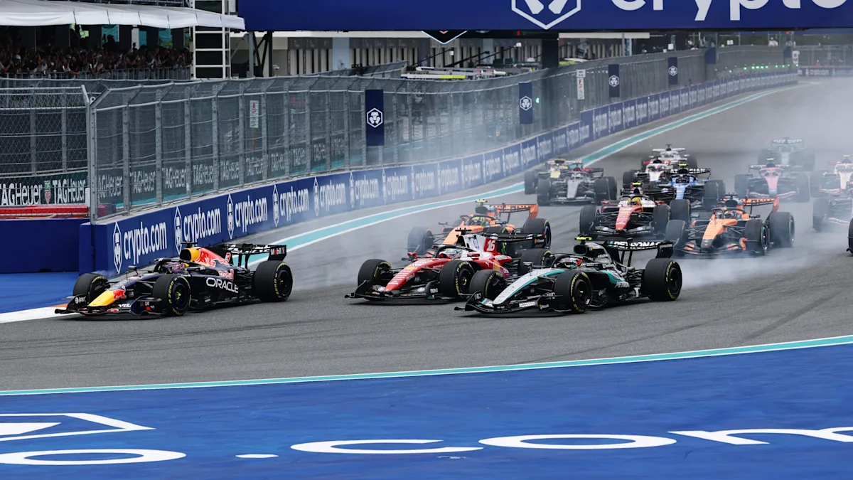 Ferrari and Red Bull Formula 1 cars on track at Miami International Autodrome