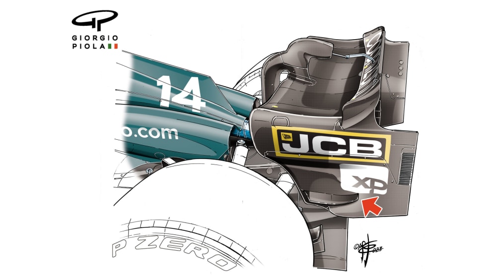 Giorgio Piola's drawing of the rear wing of the Aston Martin. 