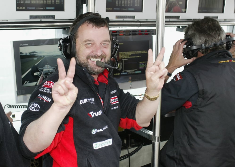 MAGNY-COURS, FRANCE - JULY 4:  Team boss Paul Stoddart celebrates Minardi's provisional pole