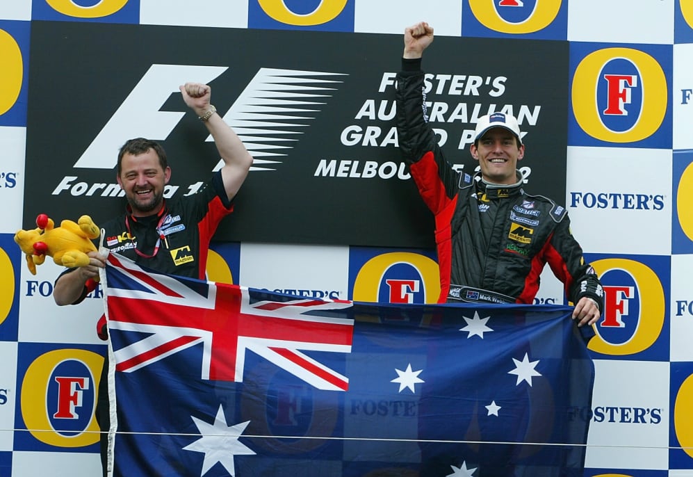 3 Mar 2002:  Mark Webber of Australia and Minardi celebrates with team boss Paul Stoddart after his