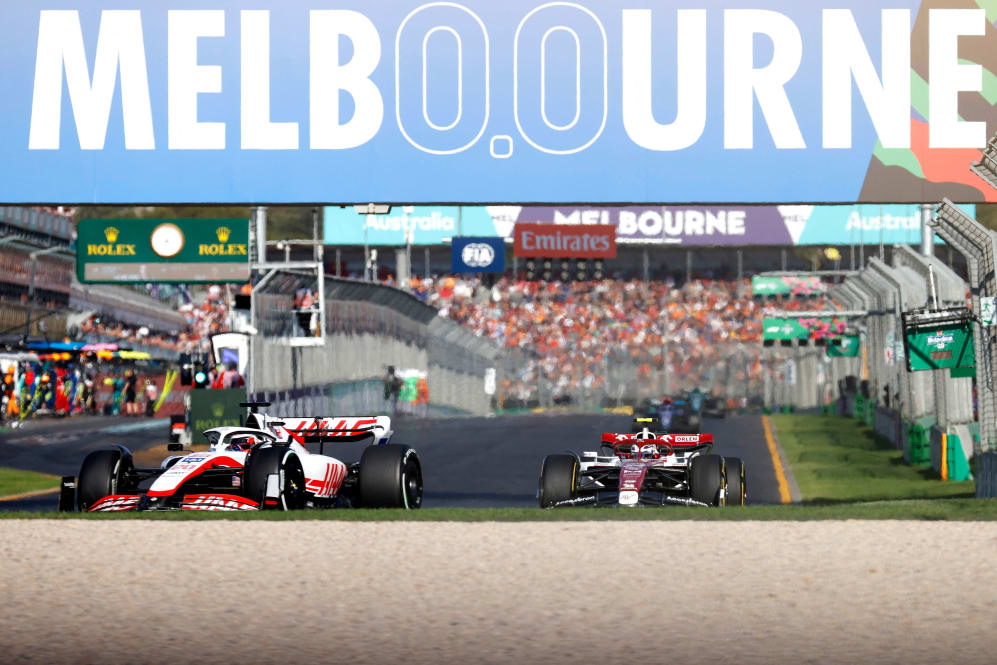 Haas' Danish driver Kevin Magnussen leads a pack of cars during the 2022 Formula One Australian