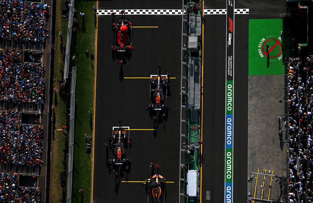 MELBOURNE, AUSTRALIA - APRIL 10: Charles Leclerc of Monaco and Ferrari, Max Verstappen of the