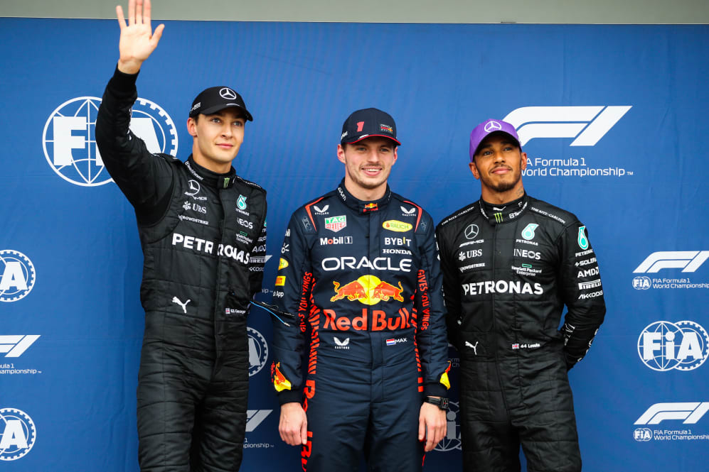 MELBOURNE, AUSTRALIA - APRIL 01: George Russell of Mercedes and Great Britain, Max Verstappen of
