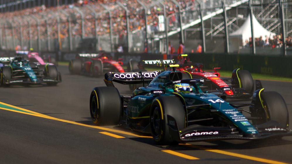 MELBOURNE, AUSTRALIA - APRIL 02: (14) Spaniard Fernando Alonso driving Aston Martin AMR23