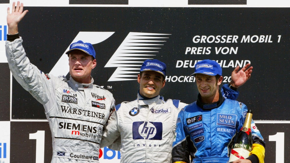 Coulthard (L), Montoya (centre) and Jarno Trulli (R) in at Hockenheim in 2003