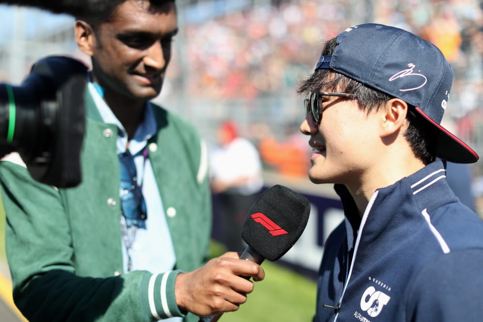 MELBOURNE, AUSTRALIA - APRIL 02: Yuki Tsunoda of Japan and Scuderia AlphaTauri talks to the media