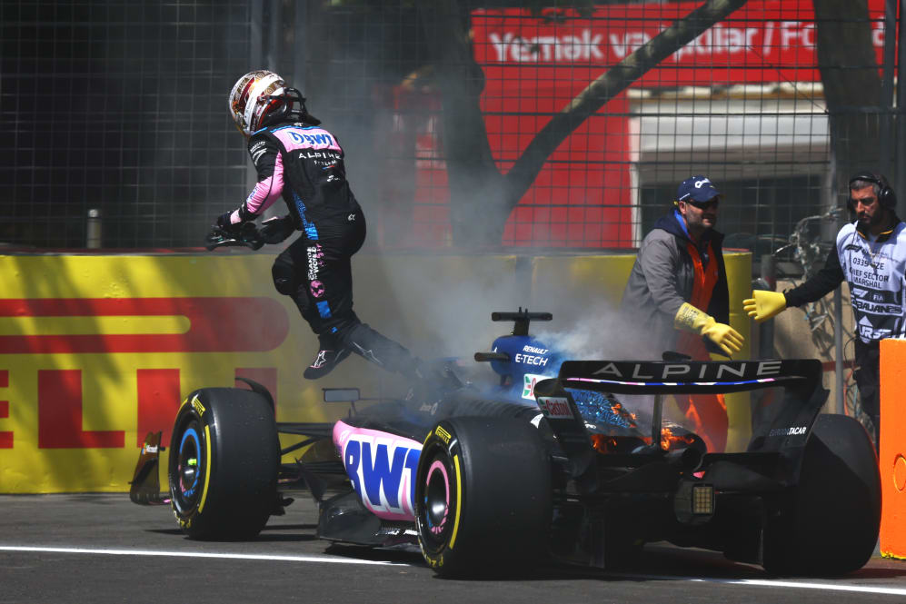 BAKU, AZERBAIJAN - APRIL 28: Pierre Gasly of France and Alpine F1 leaves his car after it caught