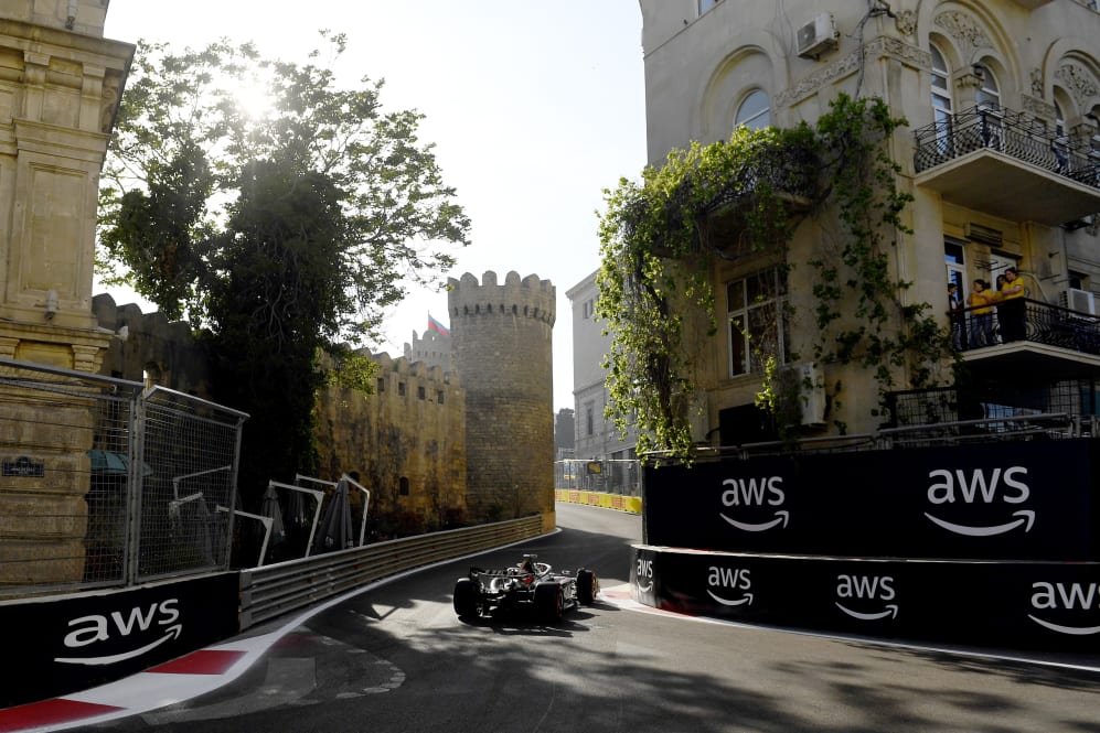BAKU, AZERBAIJAN - APRIL 28: Kevin Magnussen of Denmark driving the (20) Haas F1 VF-23 Ferrari on