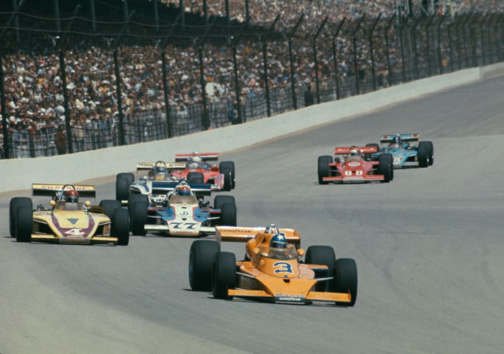 American racing driver Johnny Rutherford driving car number 3 to win the Indianapolis 500 race in Indiana on May 26th, 1974. (Photo by UPI/Bettmann Archive/Getty Images)