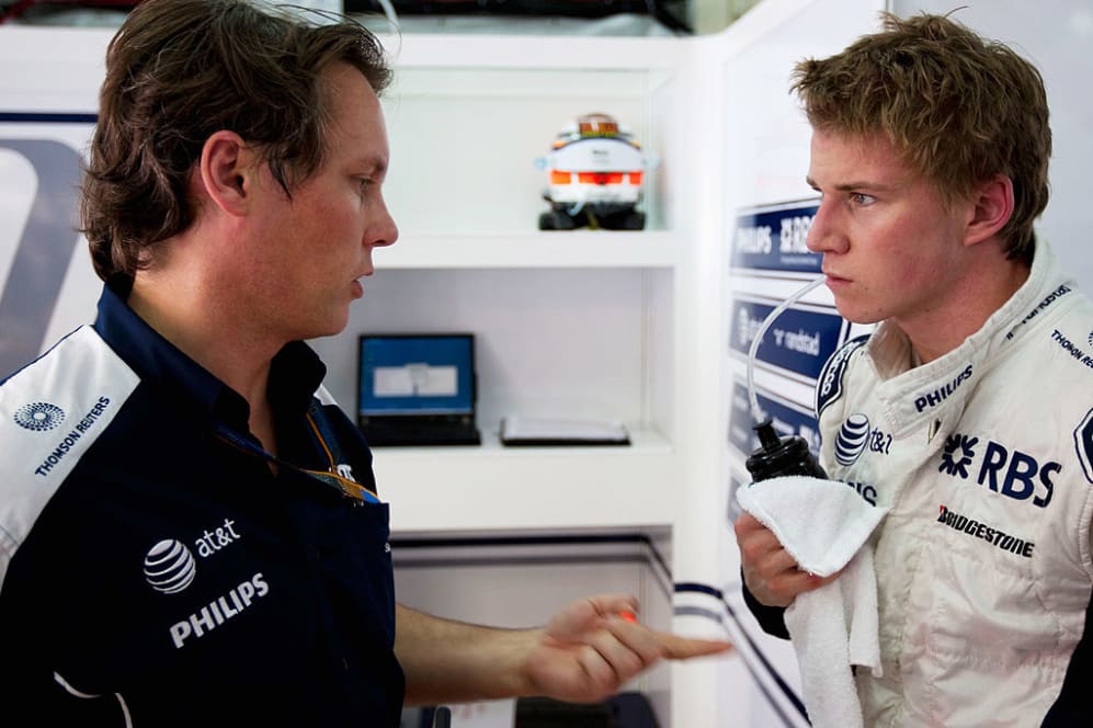 KUALA LUMPUR, MALAYSIA - APRIL 03:  Nico Huelkenburg of Germany and Williams is seen talking with