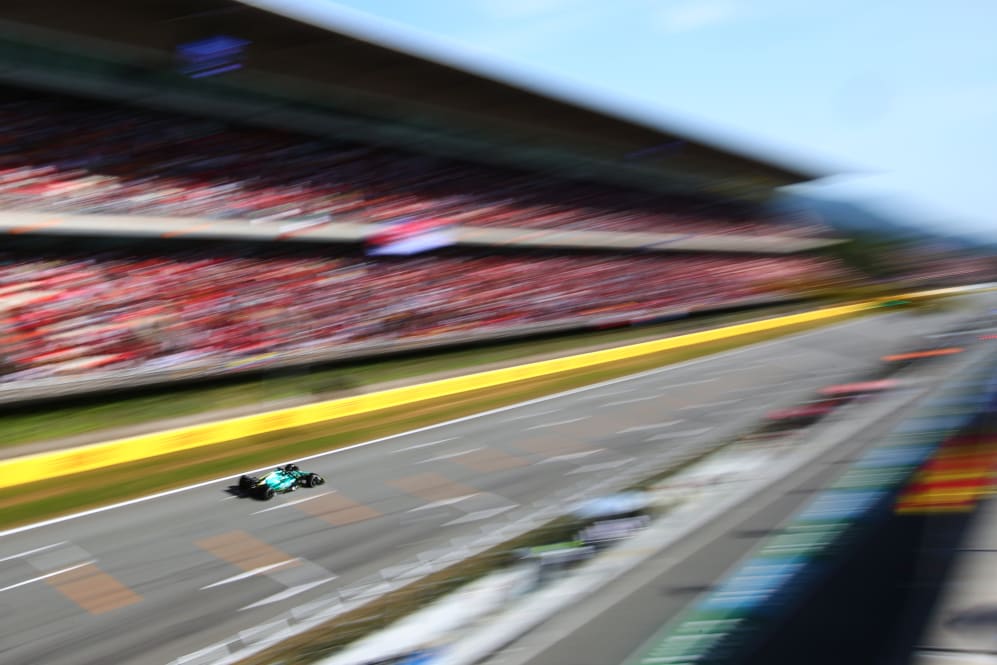 BARCELONA, SPAIN - MAY 20: Lance Stroll of Canada driving the (18) Aston Martin AMR22 Mercedes