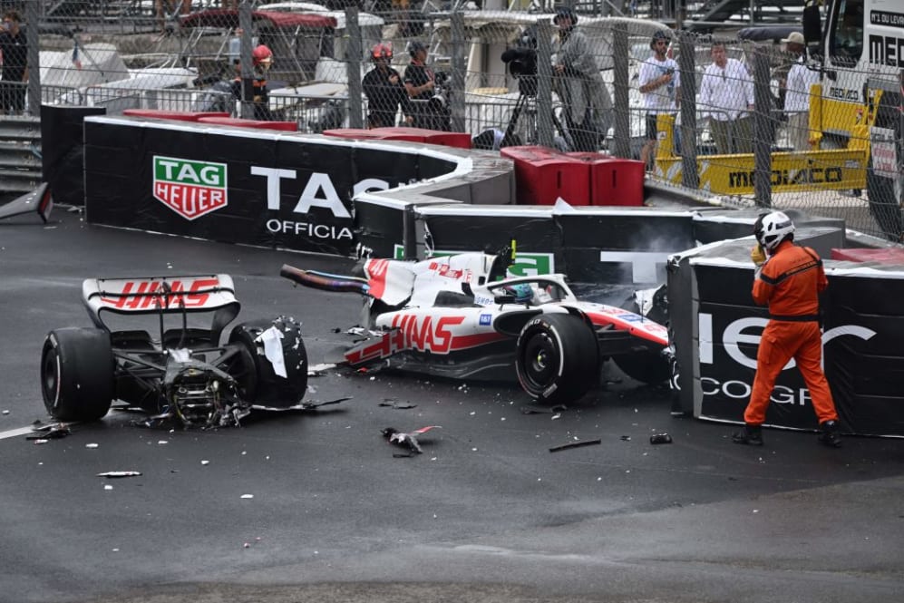 Haas F1 Team's German driver Mick Schumacher crashes during the Monaco Formula 1 Grand Prix at the