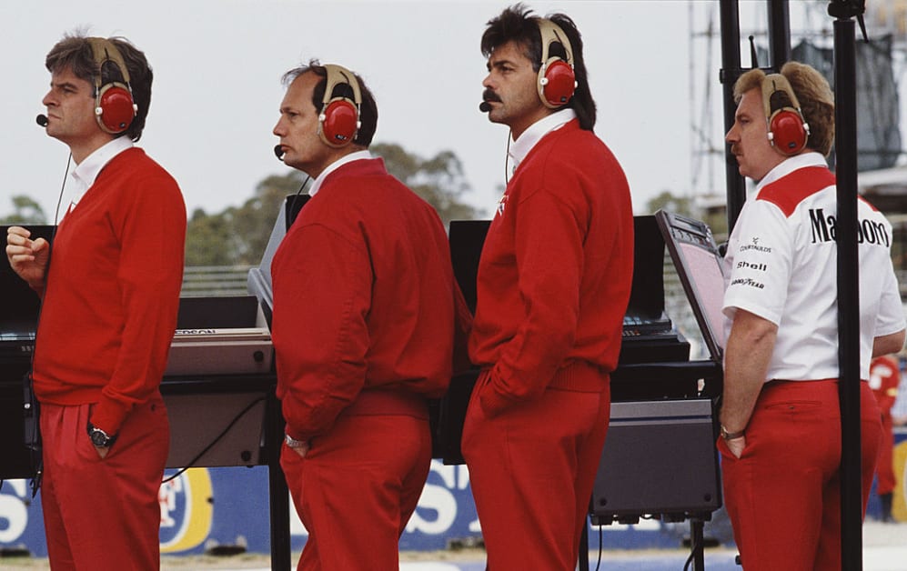 L-R team designer Steve Nichols, team principle Ron Dennis, designers Gordon Murray and Neil Oatley