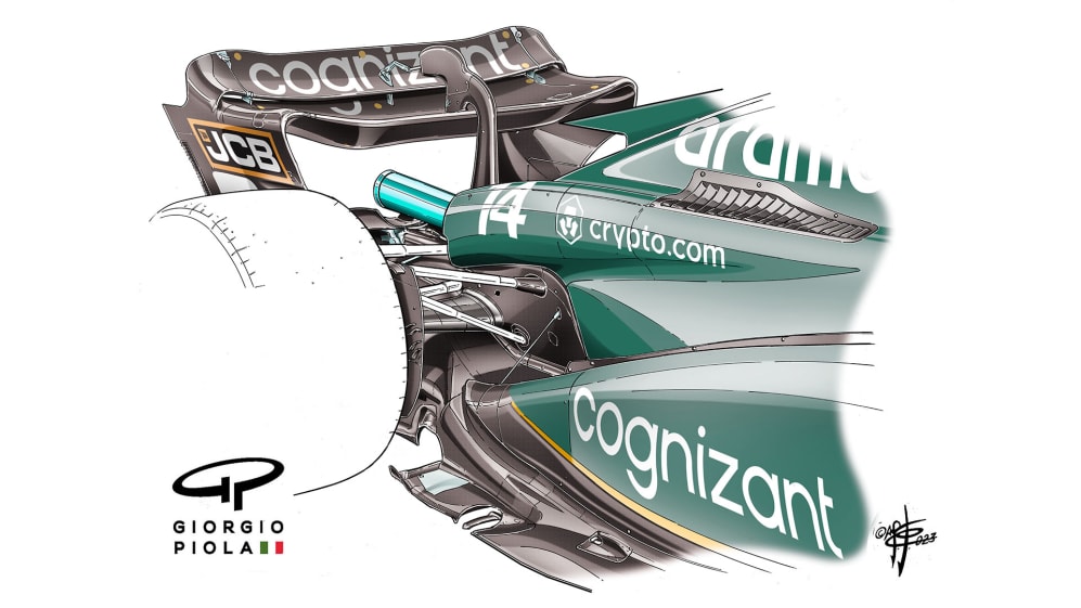 The ‘waterslide’ airflow over the top of the sidepods, and that which has followed the floor edges from the undercut at the front, merge in the area just ahead of the bottom of the rear wheel. 