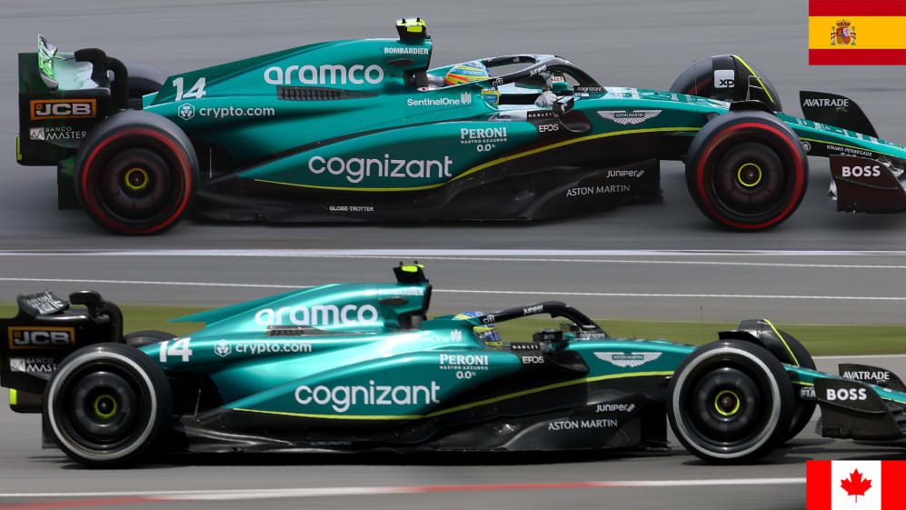 Alonso's AMR23 shown at the Spanish Grand Prix (top) and with the updated bodywork in Canada (bottom)