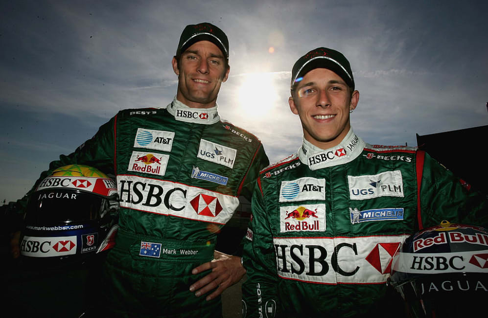 NURBURG, GERMANY - MAY 29: Mark Webber of Australia and Jaguar alongside Christian Klien of Austria