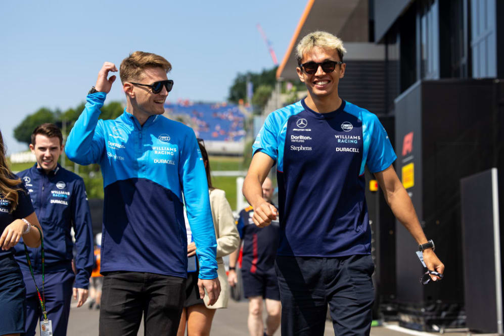 SPIELBERG, AUSTRIA - JUNE 30: Williams F1 team drivers Logan Sargeant and Alex Albon in the paddock