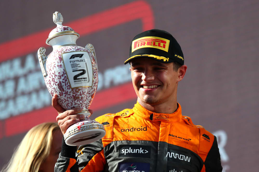 BUDAPEST, HUNGARY - JULY 23: Second placed Lando Norris of Great Britain and McLaren celebrates on