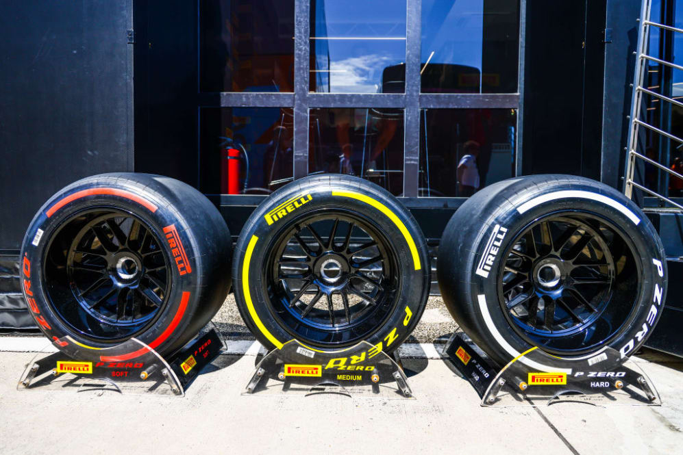 Soft, medium and Hard Pirelli tyres are seen ahead of the F1 Grand Prix of Hungary at Hungaroring