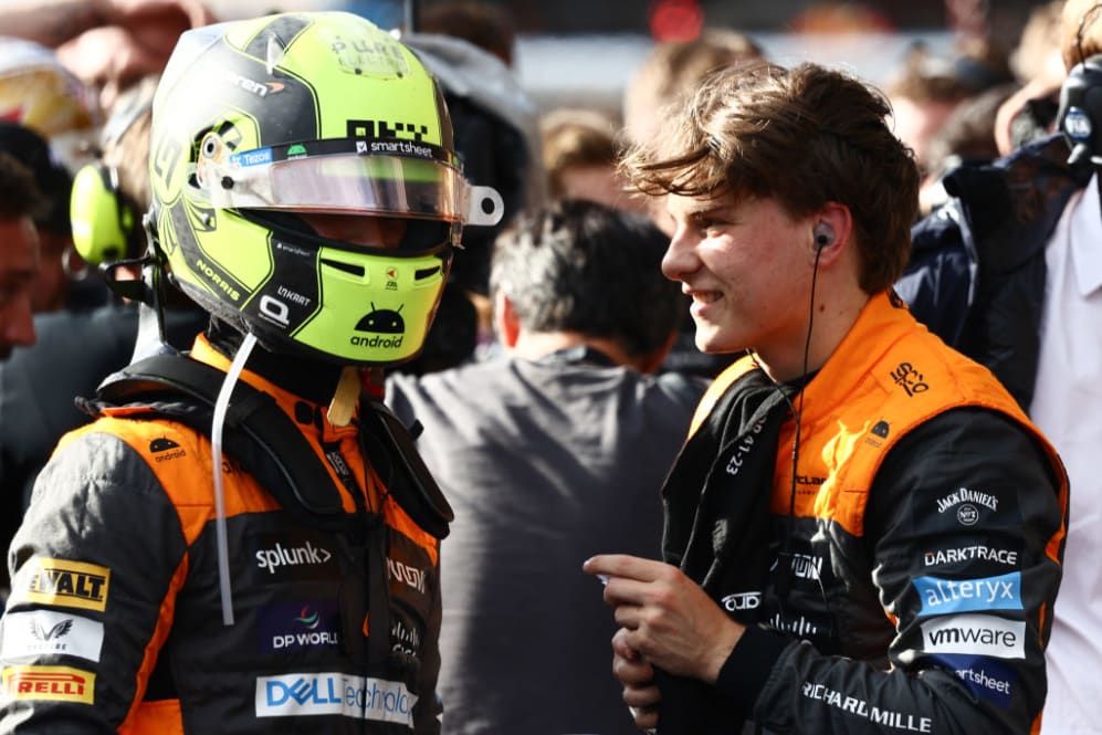Lando Norris of McLaren and Oscar Piastri of McLaren after sprint ahead of the Formula 1 Belgian