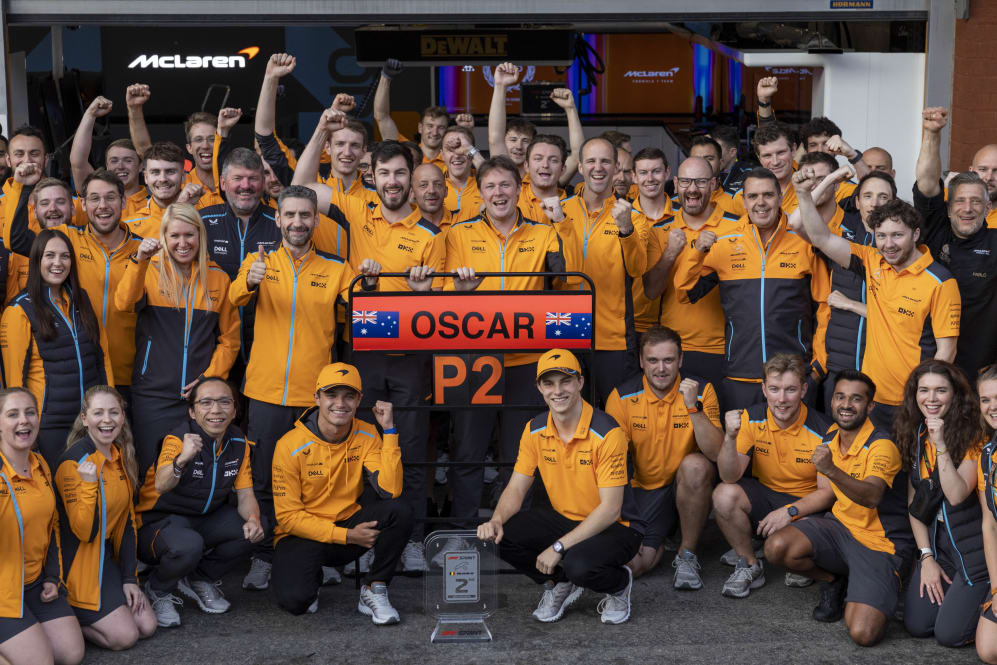 Oscar Piastri, McLaren, celebrates his second place in the Saturday Sprint with colleagues,